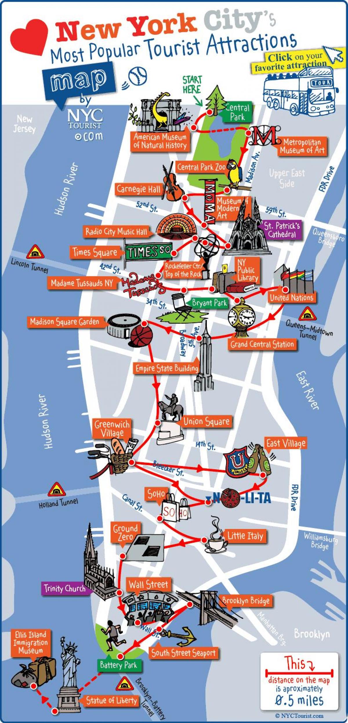 карта Манхэтэна ў Нью-Ёрку славутасці
