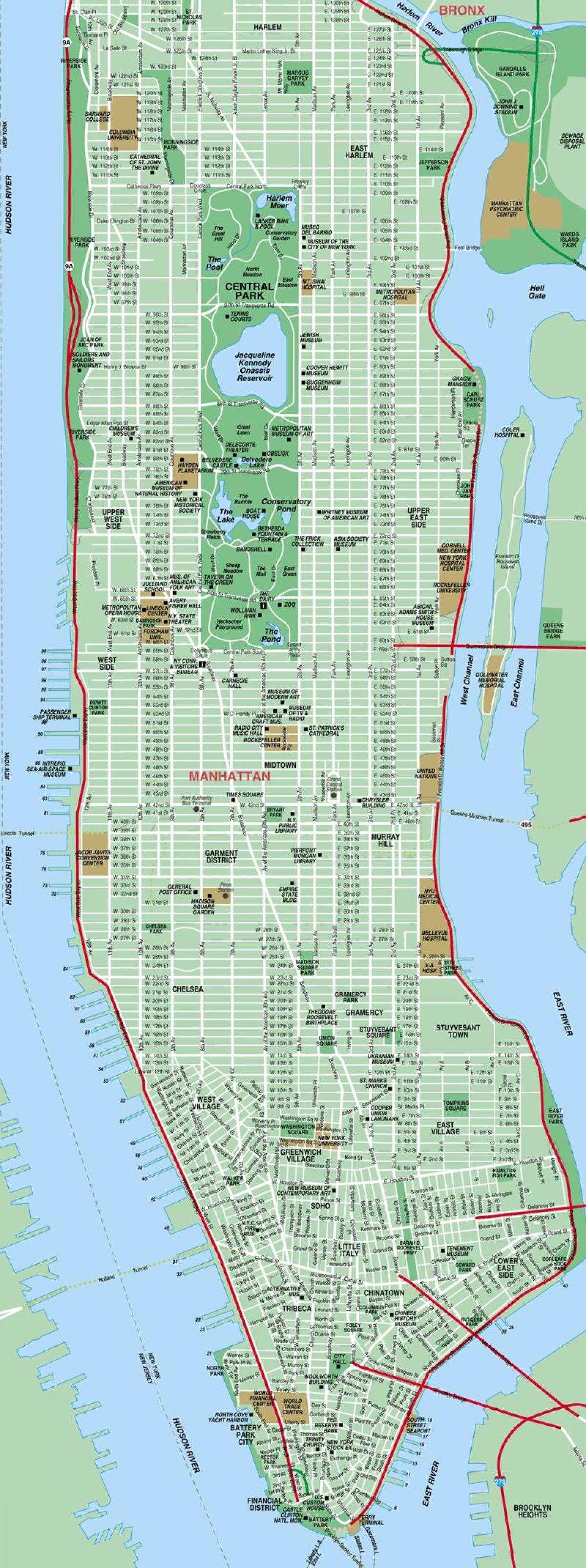 карта вуліц Манхэтэна, Нью-Ёрк