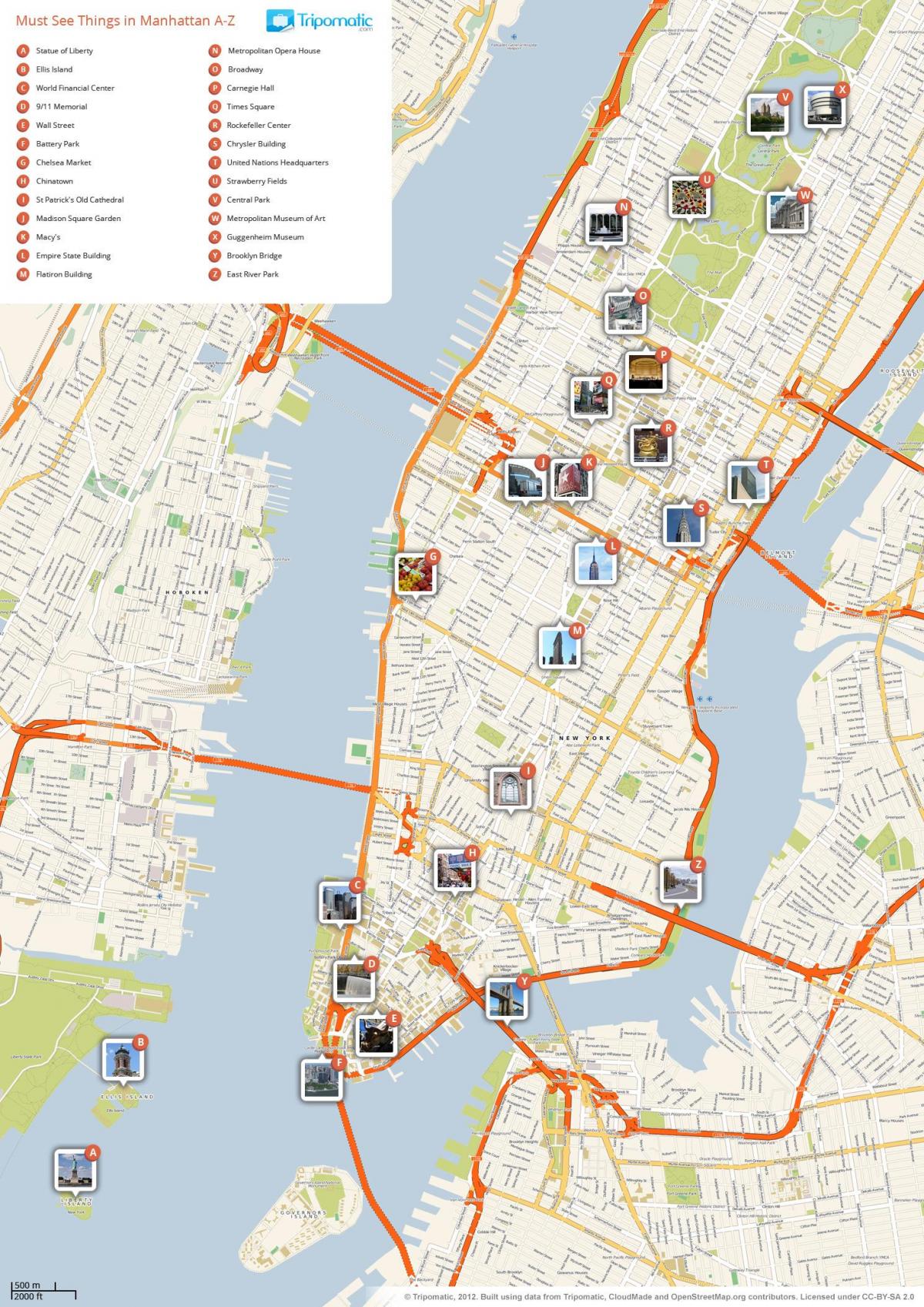 карта Манхэтэна, паказваючы славутасці