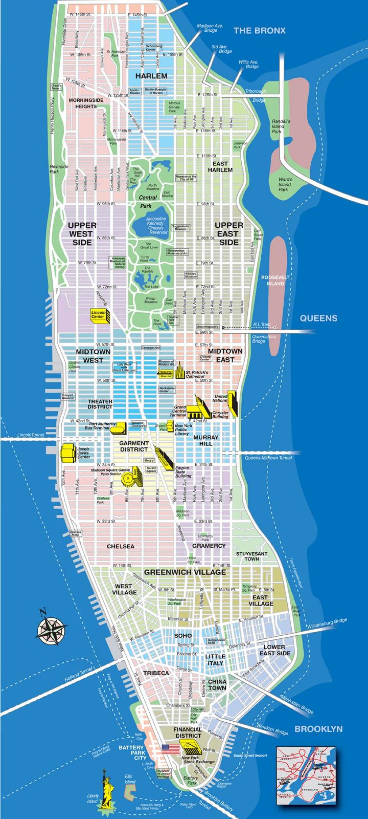 карта верхнія кварталы Манхэтэна