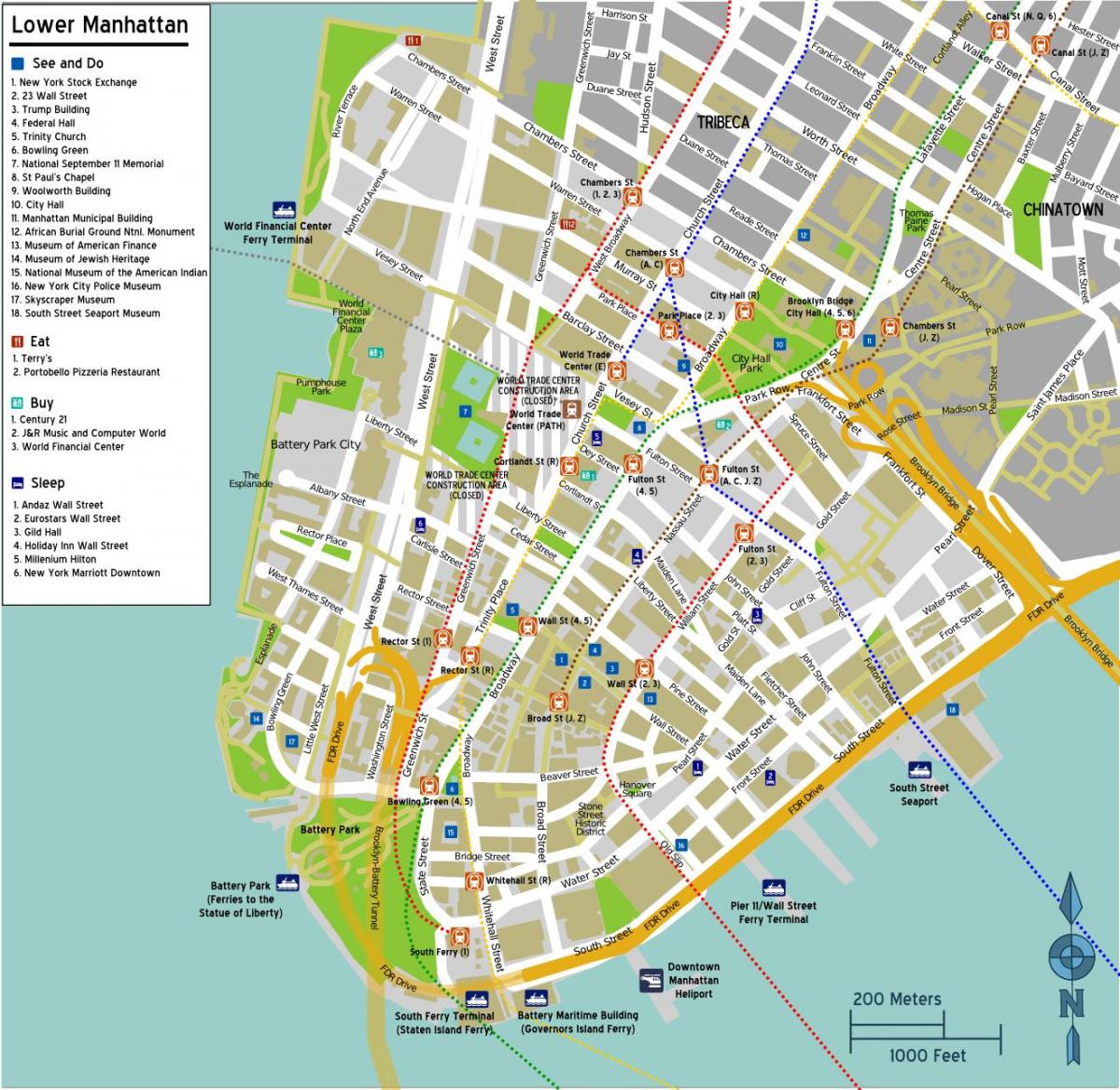 карта ніжняга Манхэтэна з назвамі вуліц