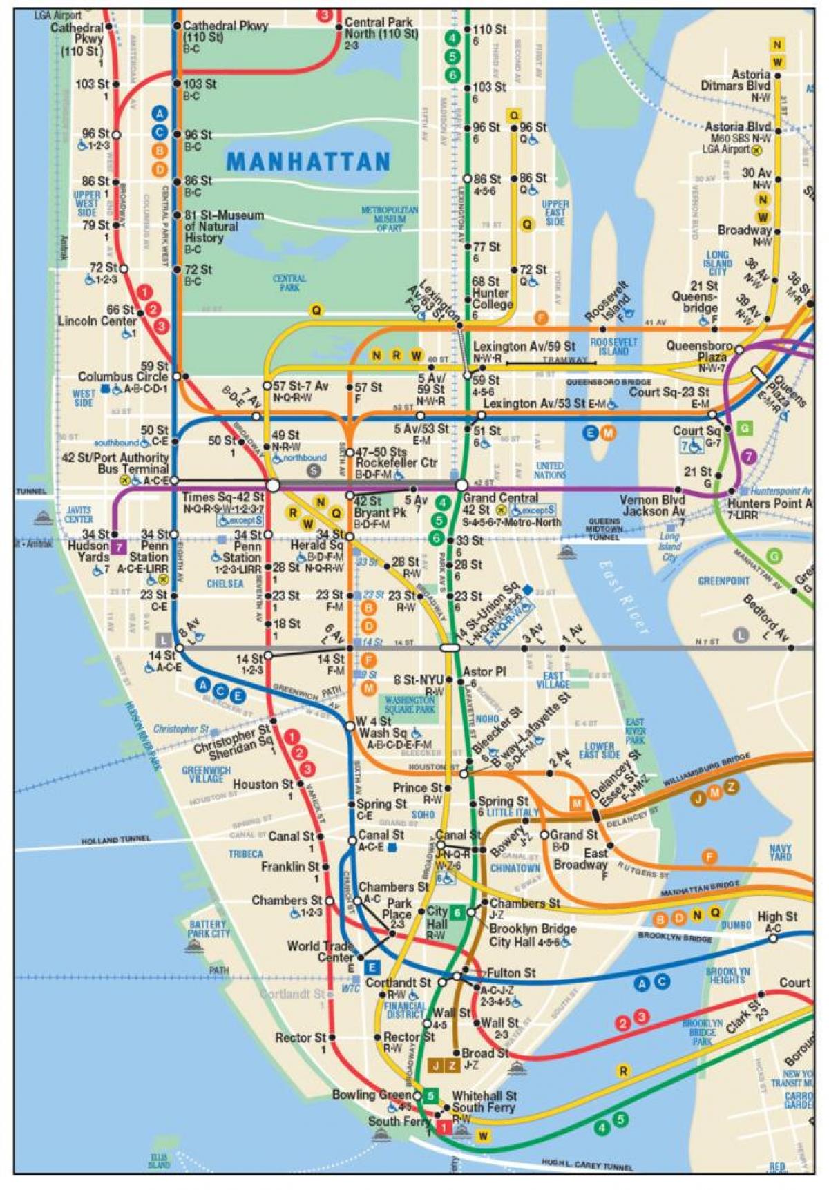 карта метро ніжняга Манхэтэна